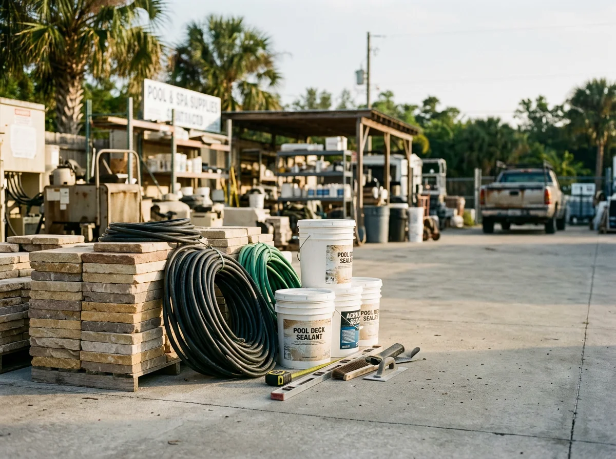 Pool construction and renovation workspace with tools, materials, and equipment ready for deck and waterline projects.