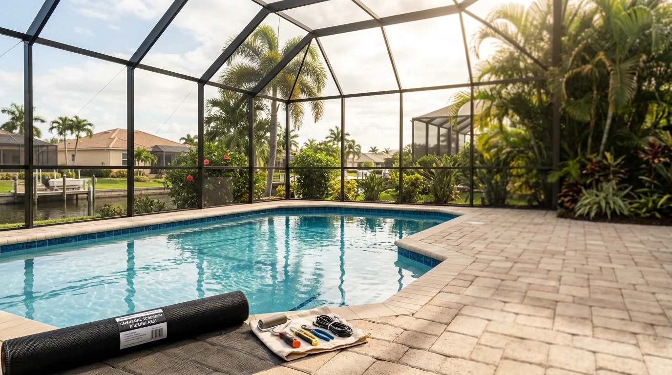 Panoramic screen enclosure surrounding residential pool deck in Pasco County