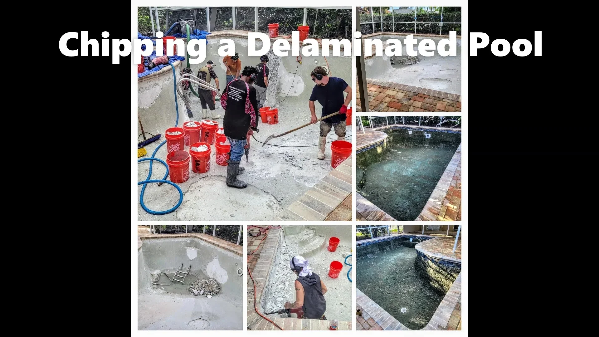 Pool surface chipping and removal with pneumatic tools, concrete prep, and refinished pool basin