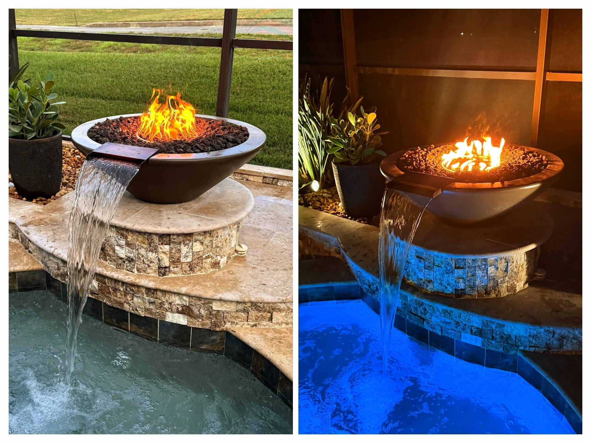Pool with spa, stone waterfall, fire bowl, LED lighting, and patio in backyard setting