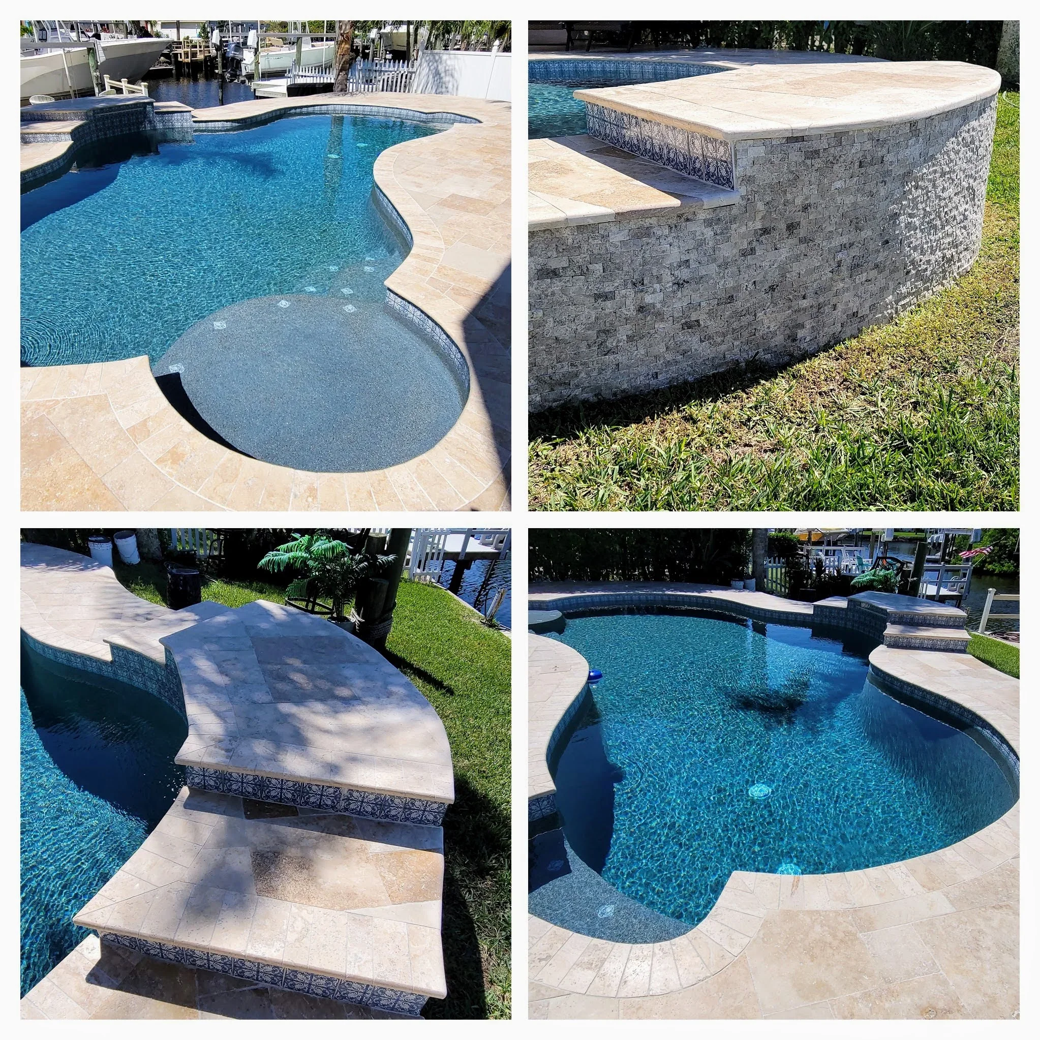 Pebble Tec pool with sunshelf, travertine deck, and stone spa spillway