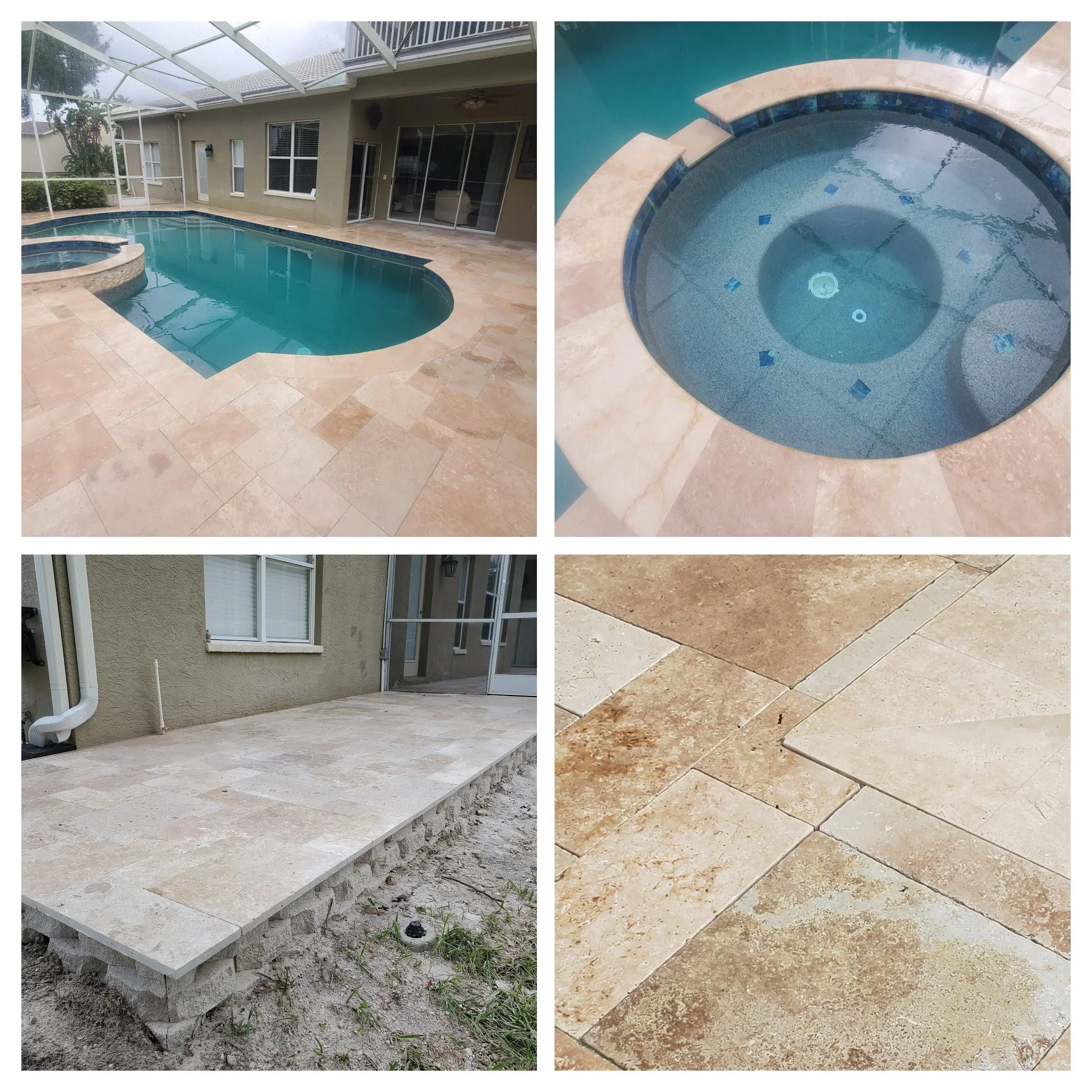 Freeform pool with Pebble Tec finish and travertine deck with spa featuring tile accents