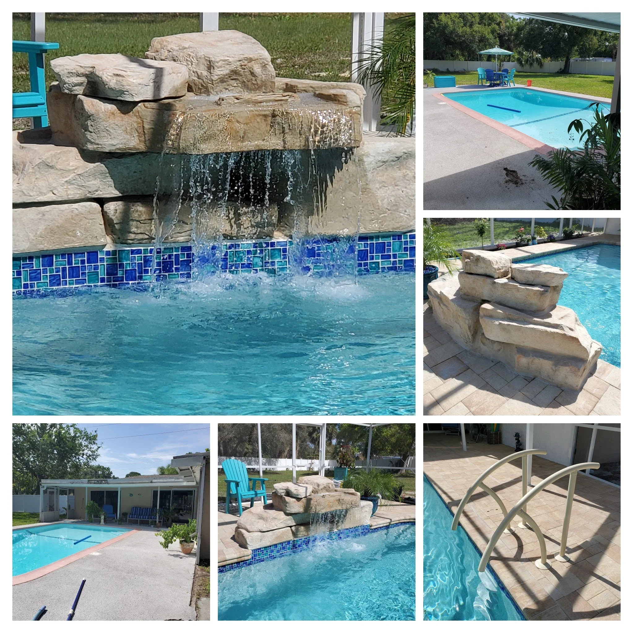 Stacked stone waterfall feature with flowing water into blue tile-lined swimming pool