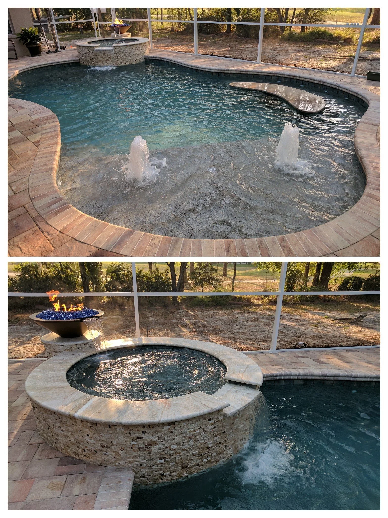 Freeform pool with spa, water jets, composite deck, and fire feature spa with blue glass