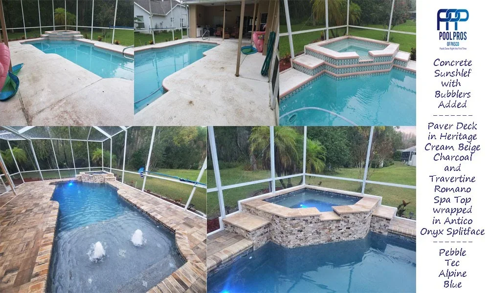 Pool and spa with paver deck, stone spa surround, and concrete sunshelf with bubblers