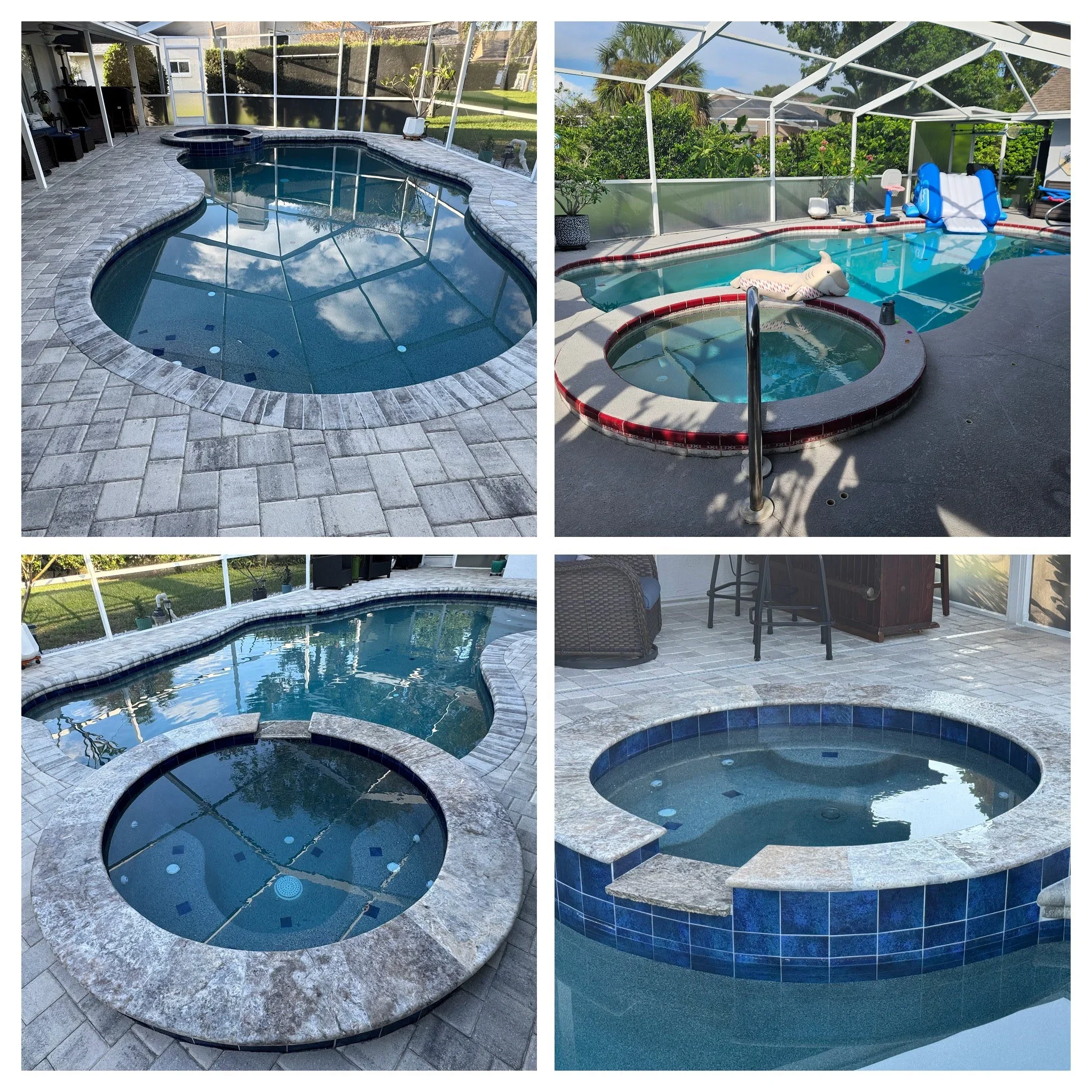 Free-form pool with circular spa, gray pavers, blue tile trim, and screened enclosure