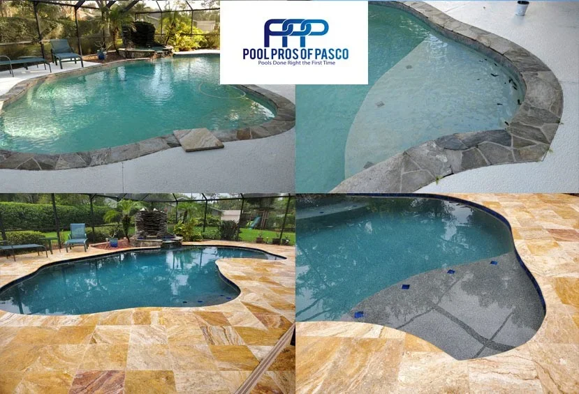 Renovated freeform swimming pool with fresh plaster finish and natural stone tile deck