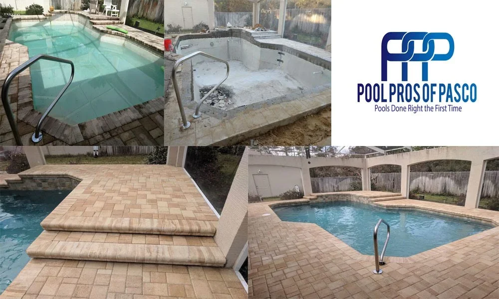 Before and after pool remodel showing new plaster finish, paver deck, and safety railings