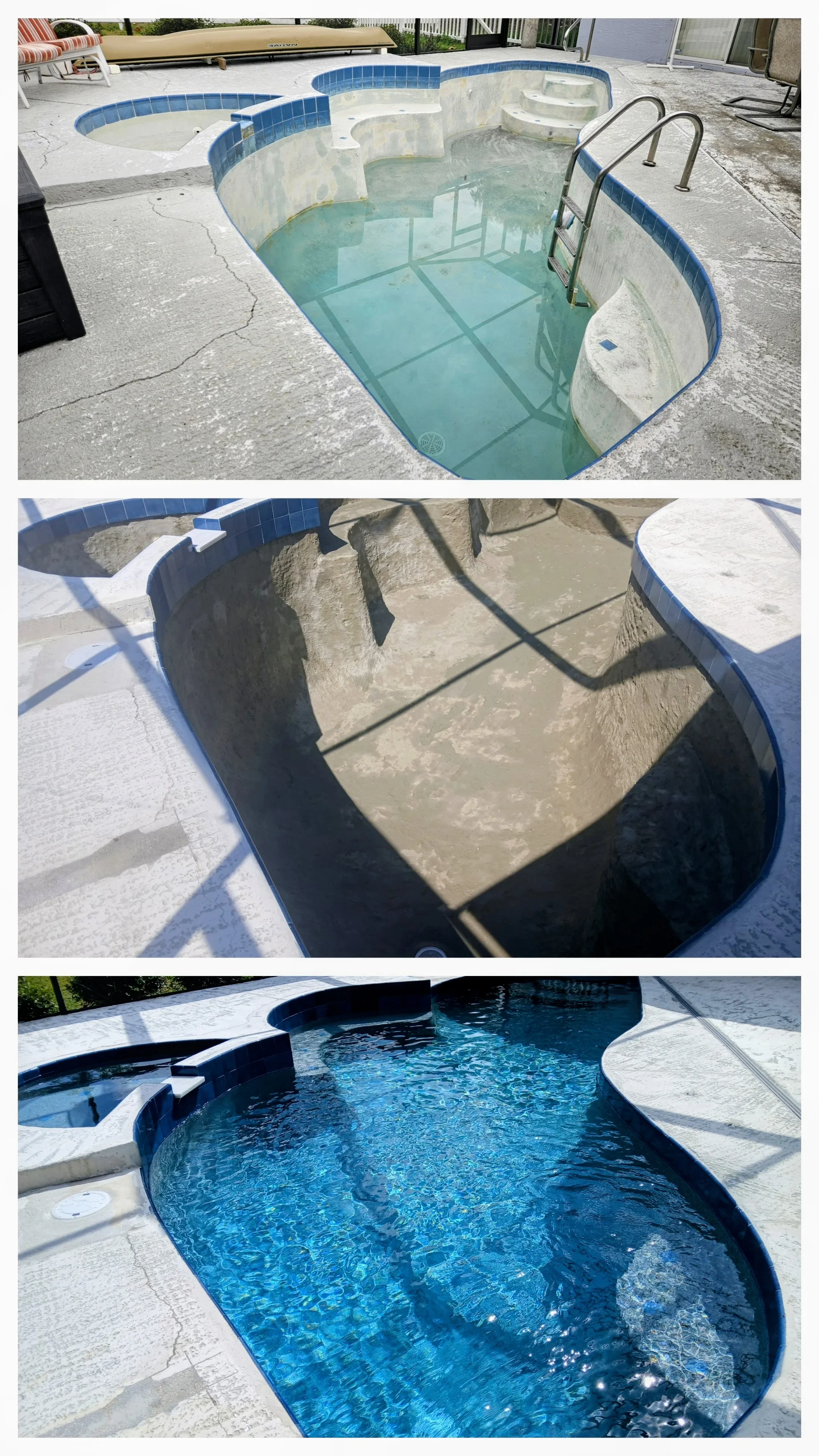 Resurfaced pool and spa with blue tile trim and pebble sheen finish, before and after comparison