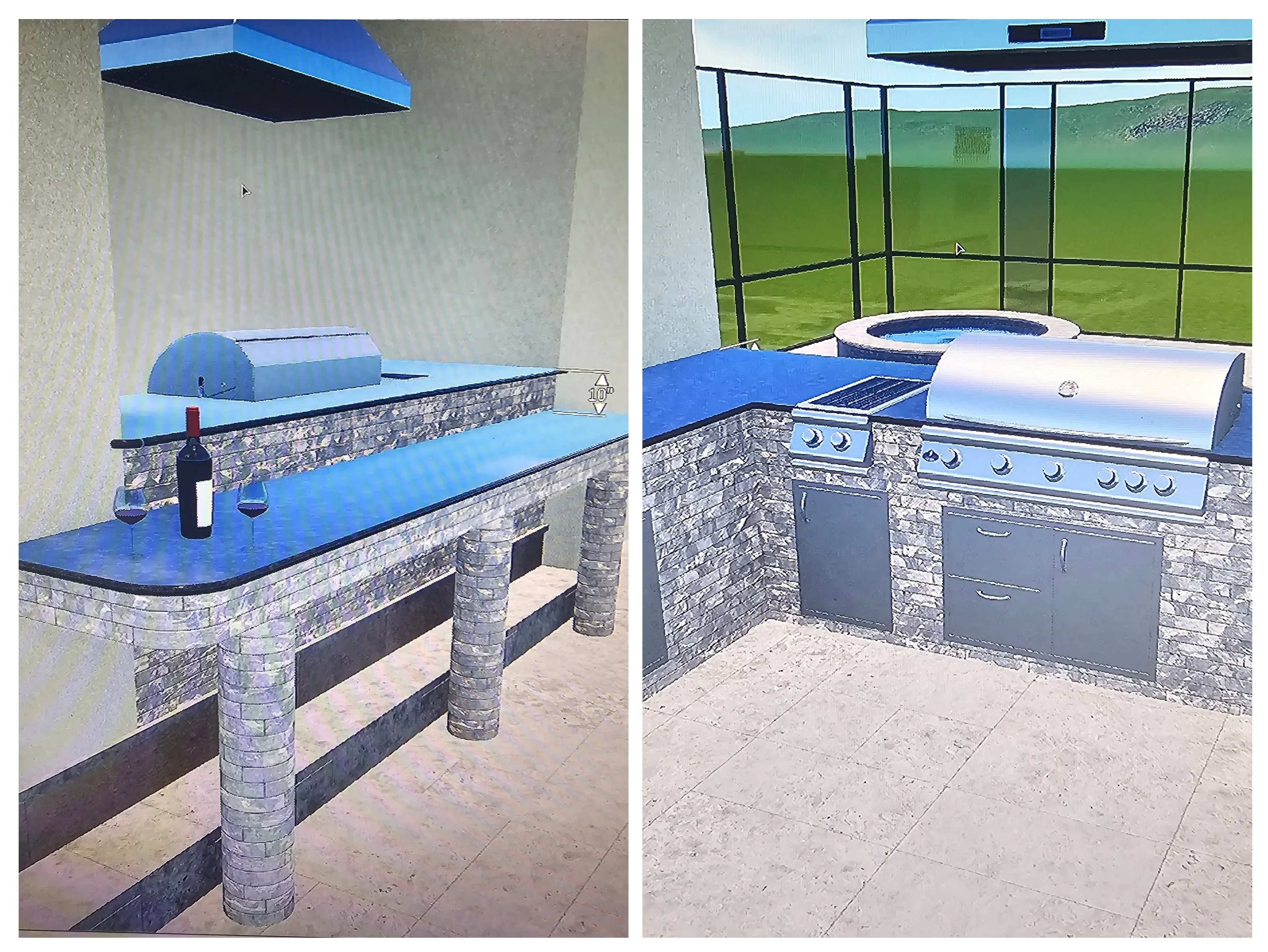 Stone veneer outdoor kitchen with blue countertop, built-in grill, and bar seating