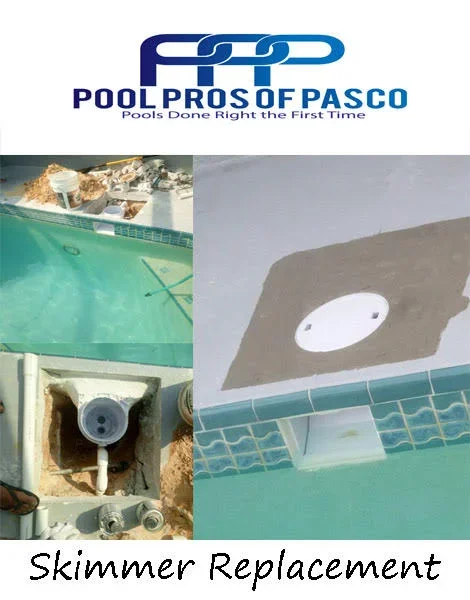 Pool skimmer replacement showing removed housing, internal plumbing, and newly installed skimmer with deck opening