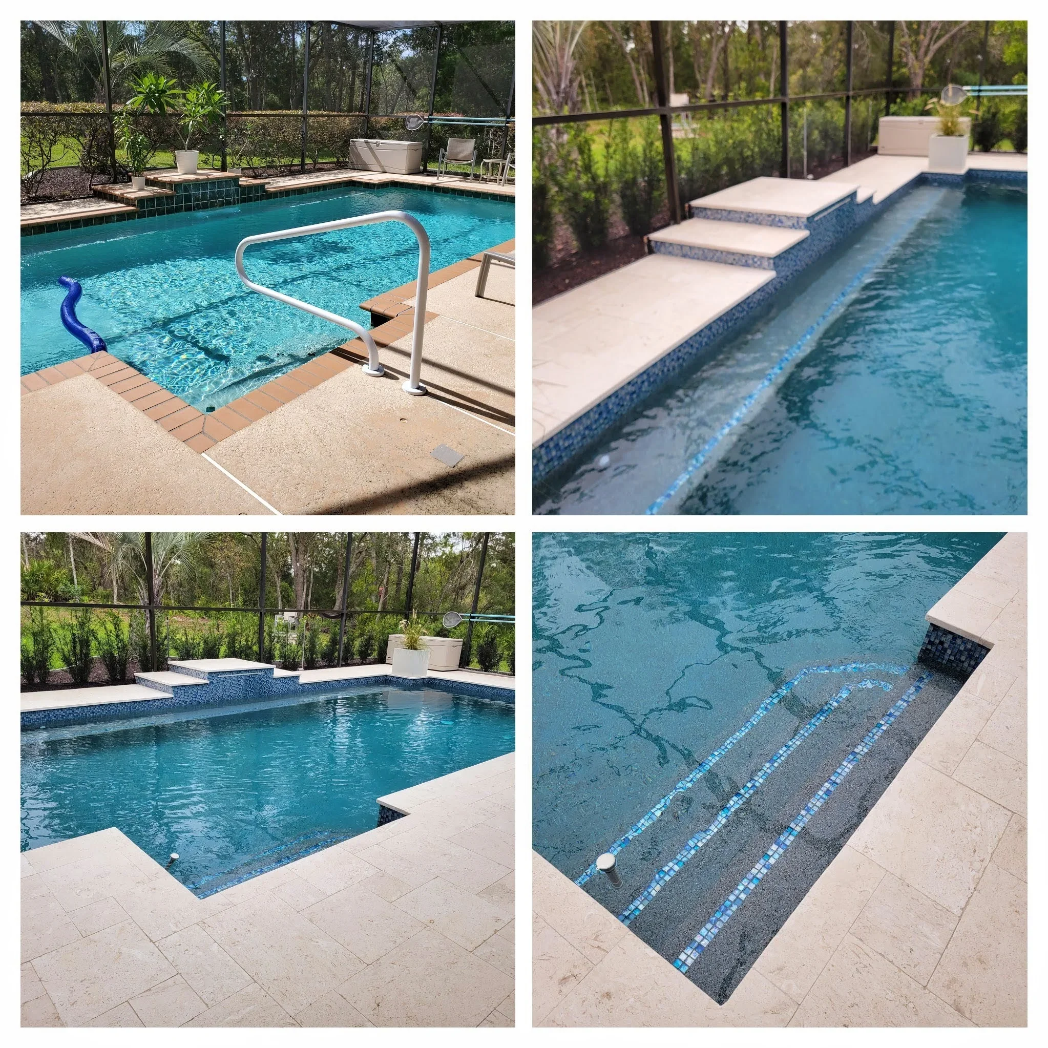 Swimming pool with pebble finish, glass tile details, travertine deck, and sun shelves