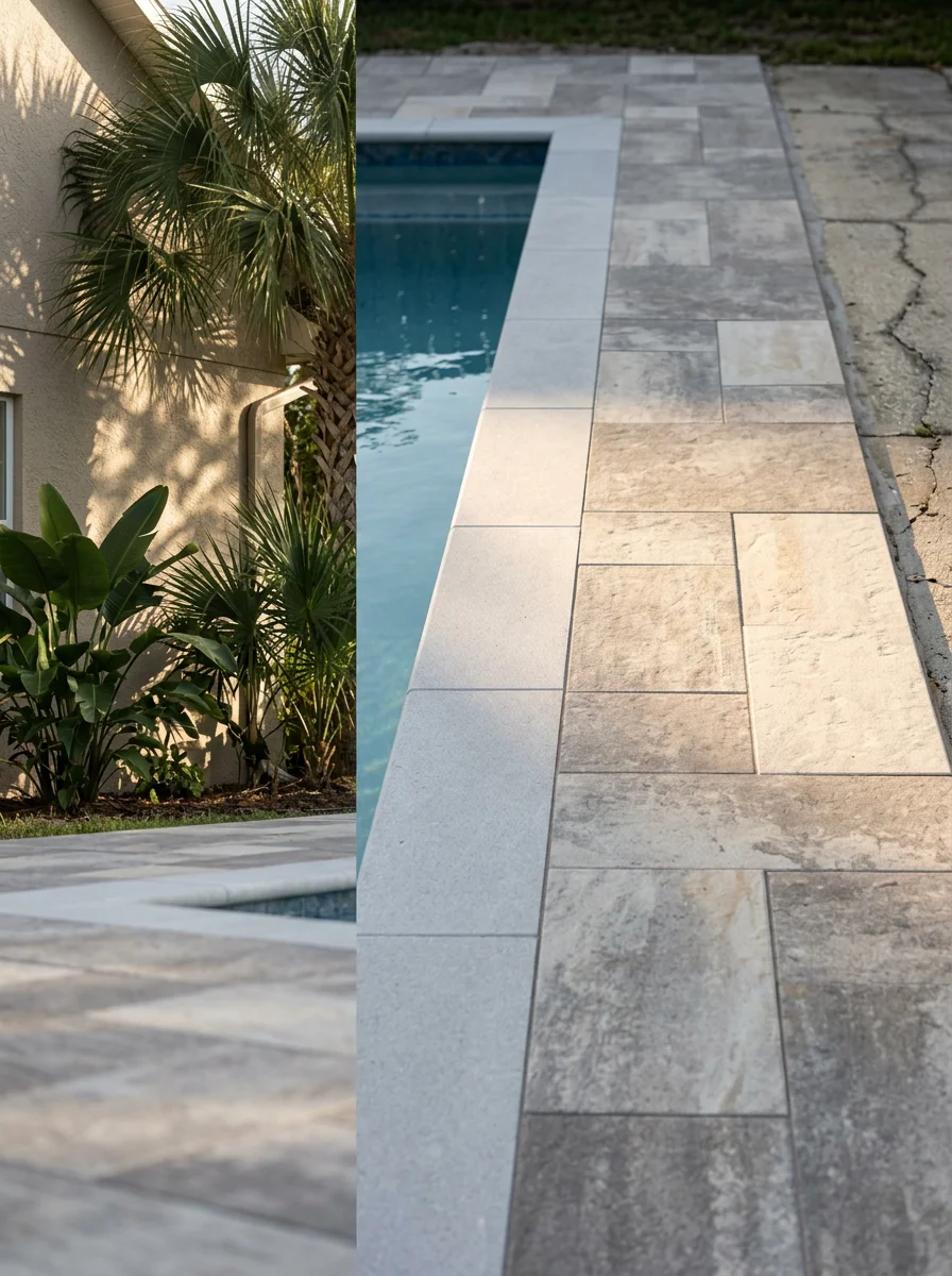 New porcelain paver pool deck installed on a Carrollwood, Florida home, replacing a cracked original concrete surround with fresh coping stones visible at the pool edge.