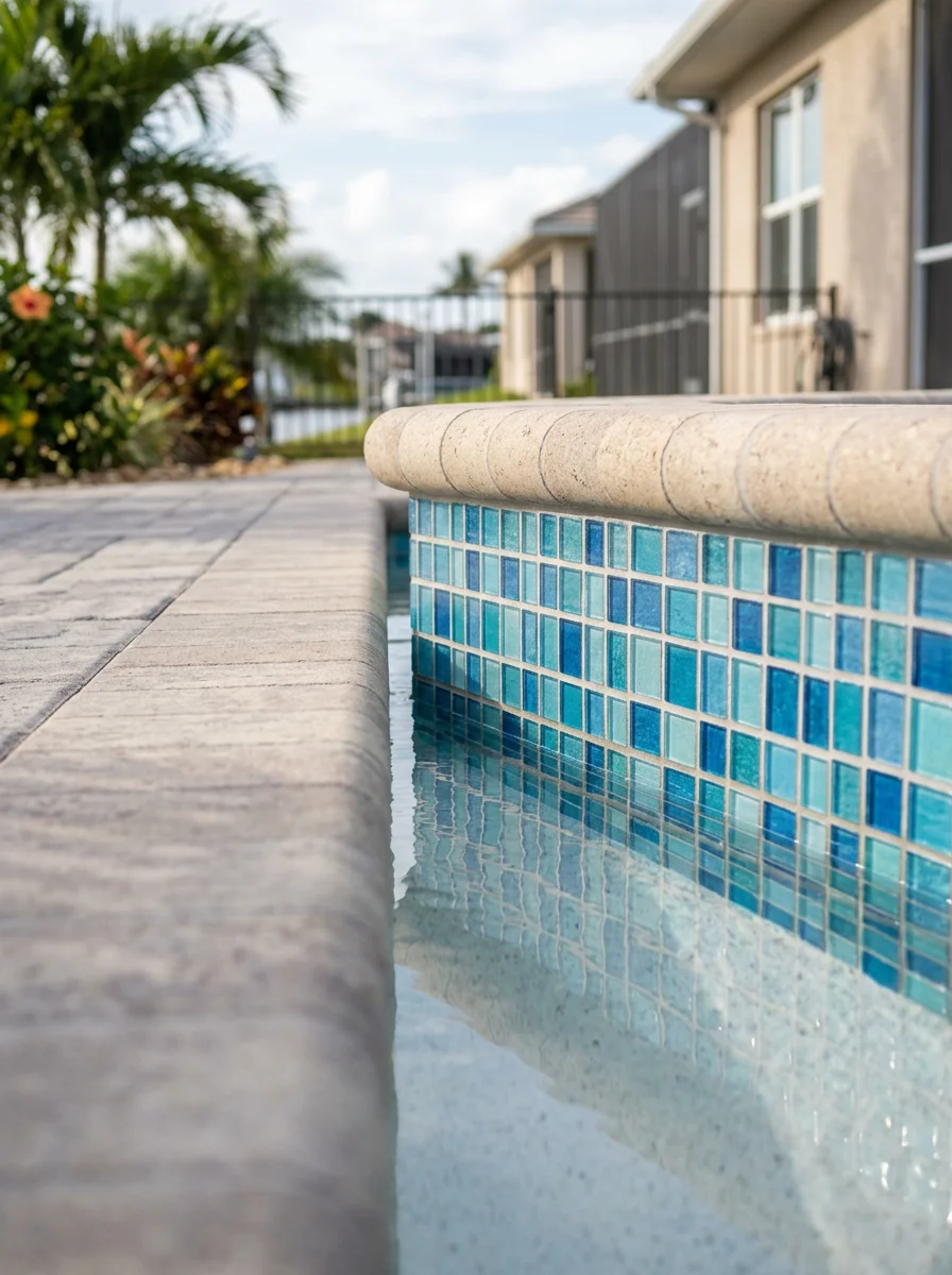 Close-up of freshly installed waterline pool tile and coping on a Gulf Harbors home pool, showing clean grout lines and a smooth plaster finish.