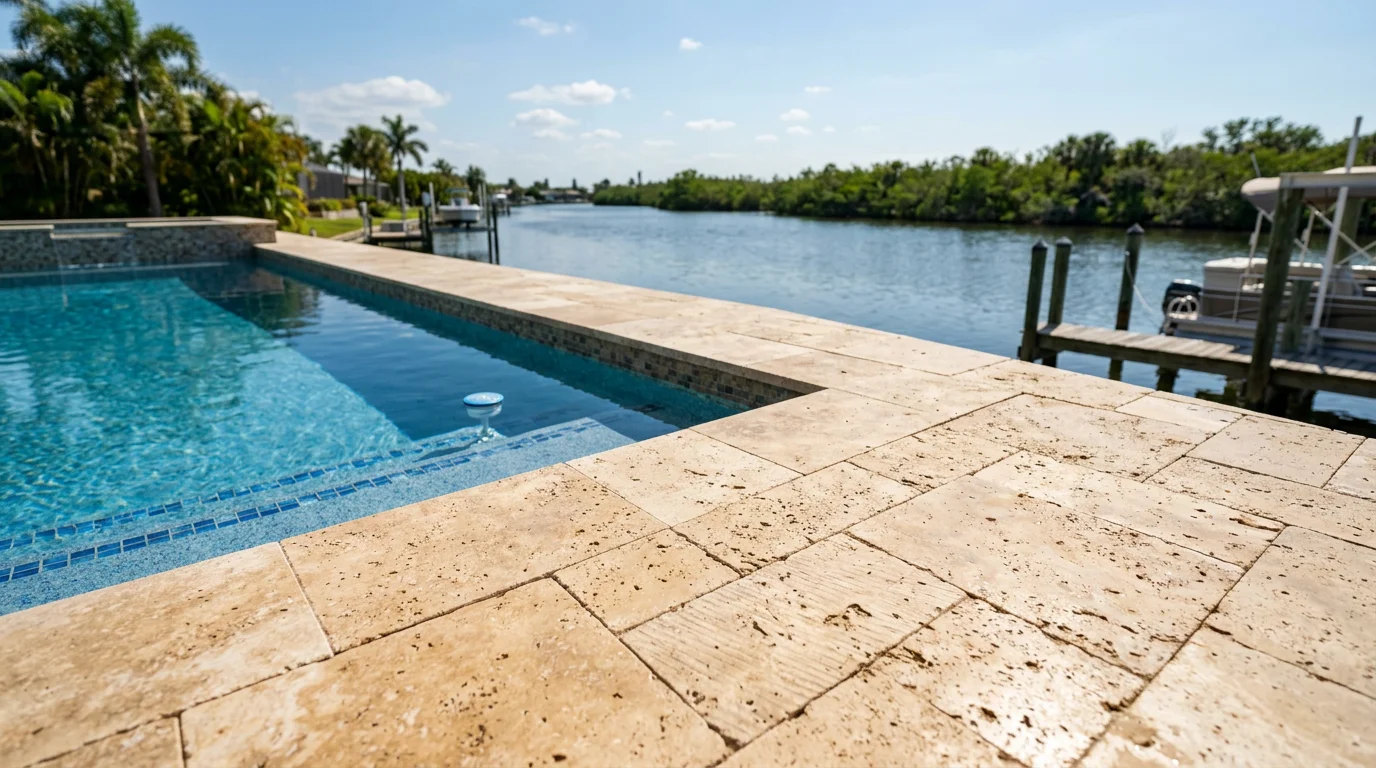 A resurfaced pool with new travertine paver decking on a canal-front lot in Gulf Harbors, New Port Richey, Florida, with the waterway visible in the background.