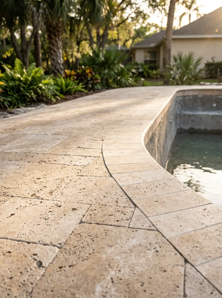 New travertine paver pool deck with fresh coping installed on a Hudson, Florida home, showing the pool shell ready for resurfacing.