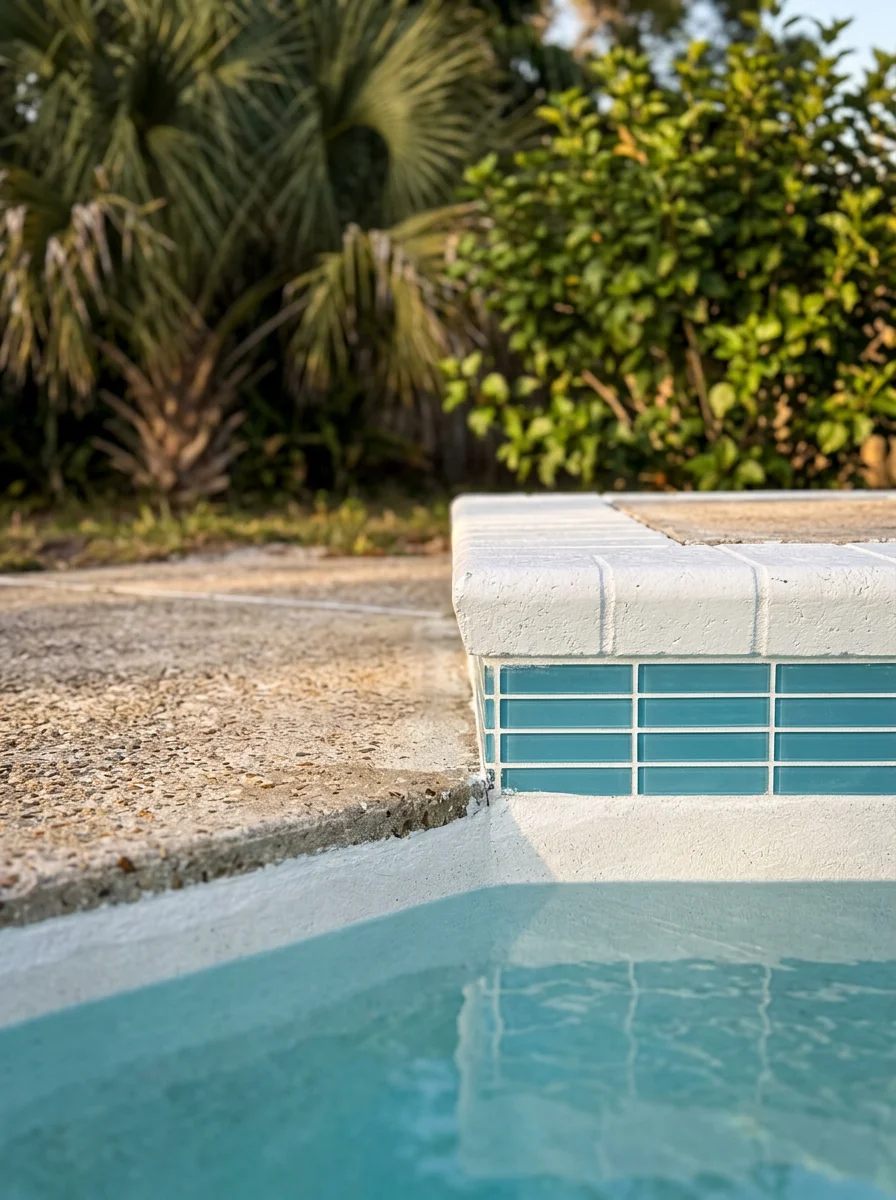 New waterline pool tile and coping installed on a 1970s-era pool shell in New Port Richey, Florida, with fresh grout lines and clean coping stones visible.