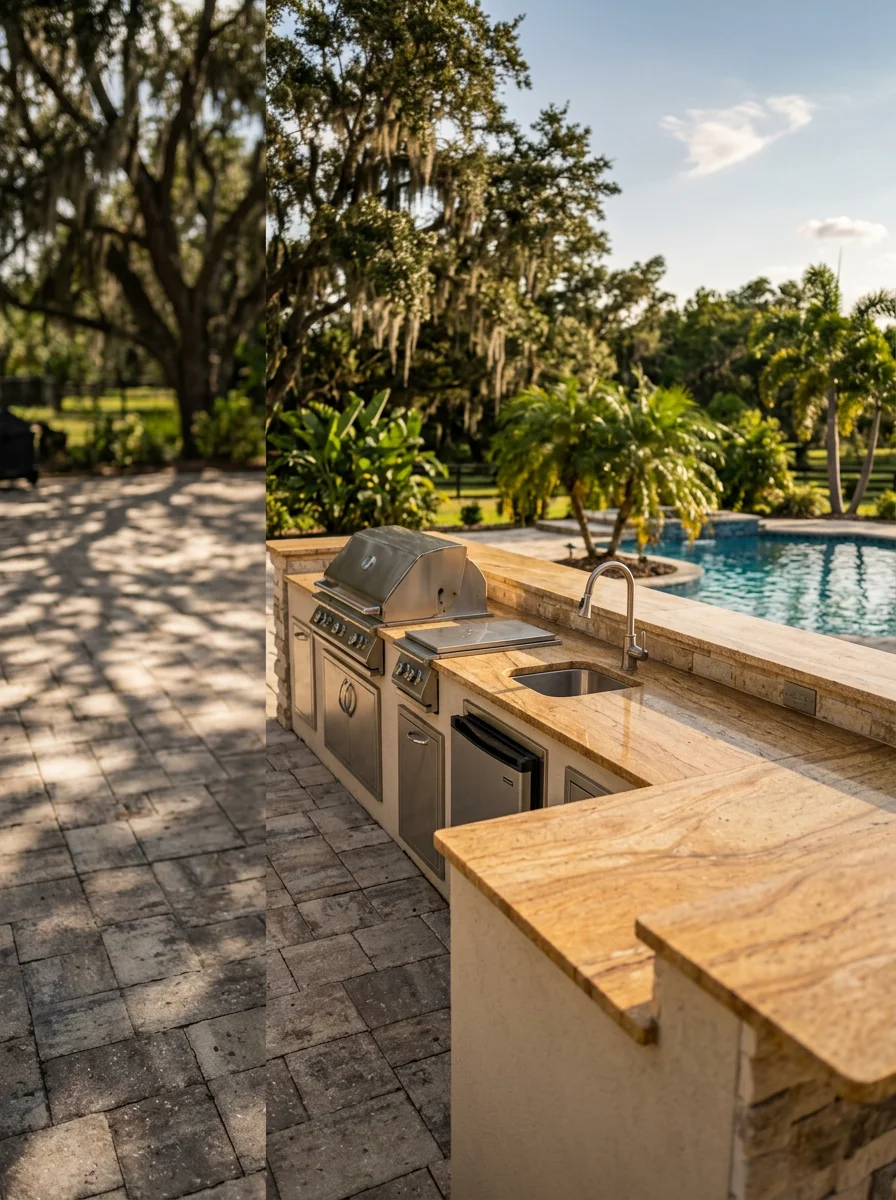 A built-in outdoor kitchen with stone countertops installed on a paver deck beside a pool on an Odessa, Florida acreage property.