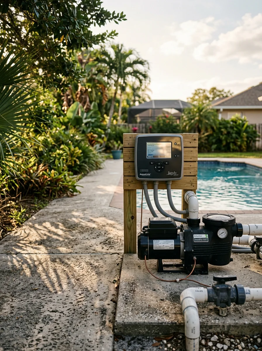 New pool automation control panel and variable-speed pump equipment installed on a concrete pad beside a Spring Hill, Florida pool.