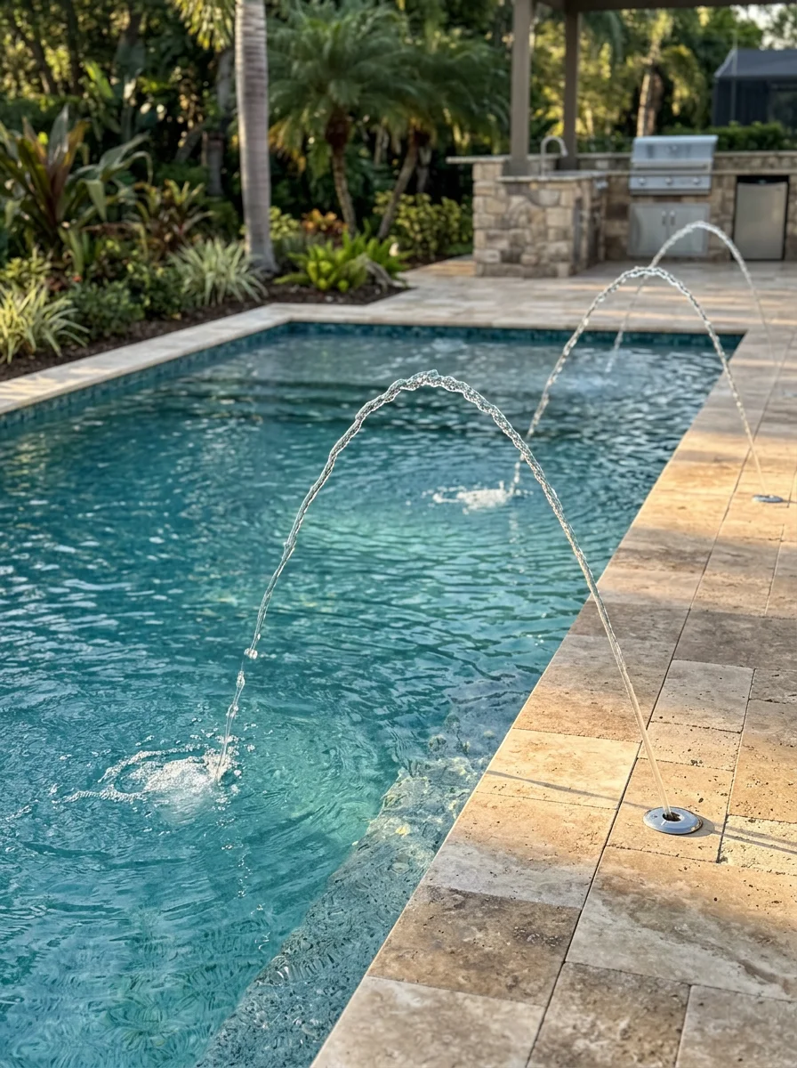 Deck jets arcing water into a resurfaced pool in a Trinity, Florida home, with a custom paver deck and outdoor kitchen visible in the background.