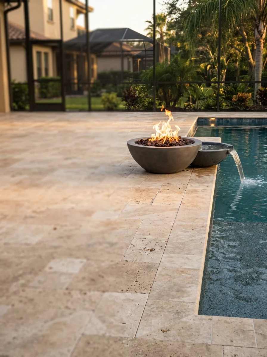 A fire bowl and spill bowl installed on a travertine paver pool deck in a Westchase, Florida gated community, with the pool resurfaced in a Pebble Tec finish.