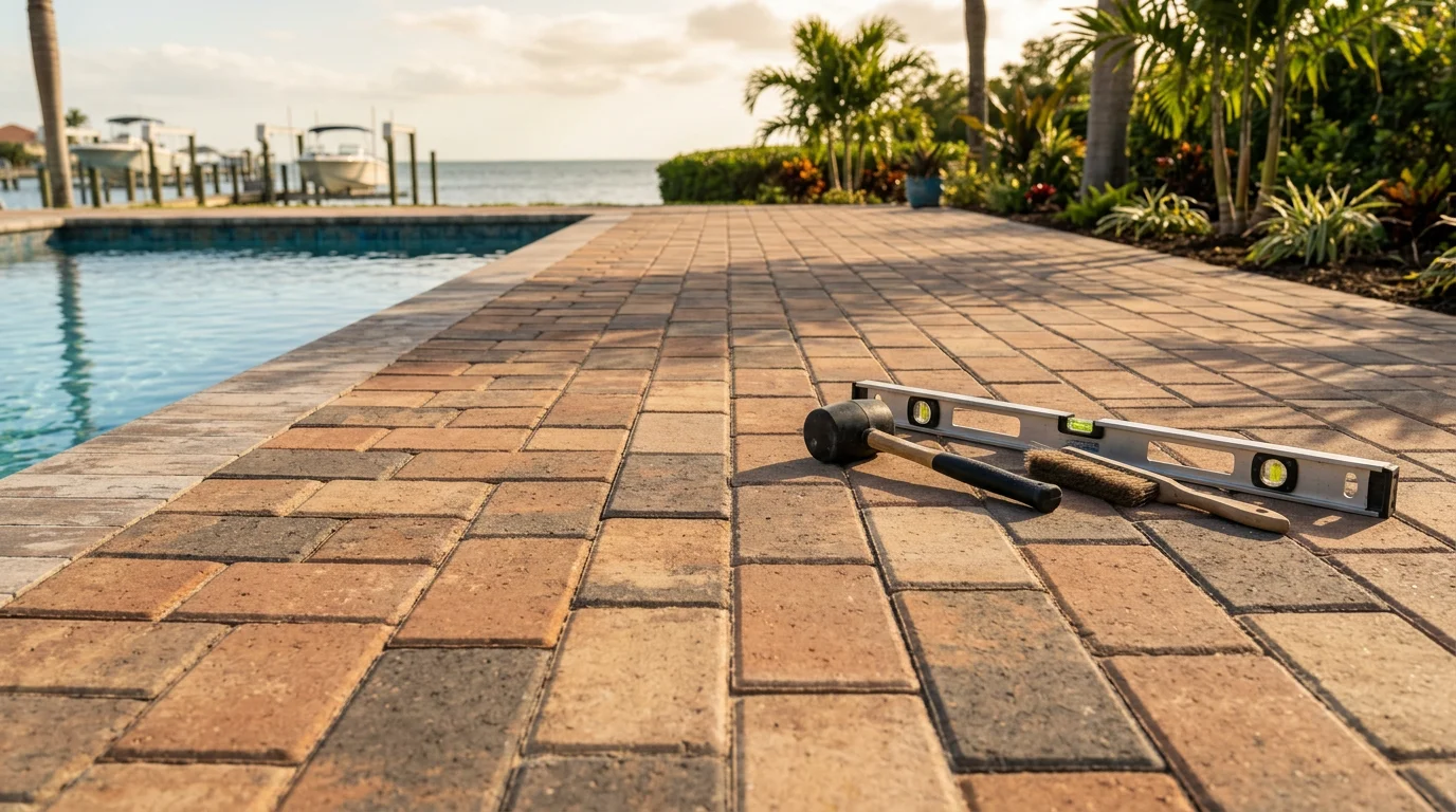 Newly installed brick and stone paver pool deck surrounding a residential pool in Gulf Harbors, Florida, with a textured surface pattern and clean coping edge visible under bright Florida sunlight.
