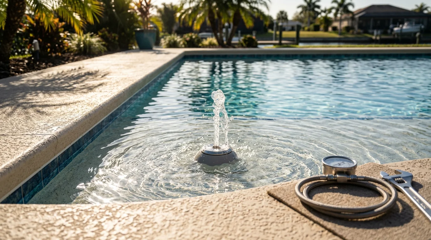 A tanning ledge in a Gulf Harbors backyard pool with two bubblers sending soft columns of water upward from the shelf surface. The surrounding pool deck and calm water reflect a clear Florida sky.