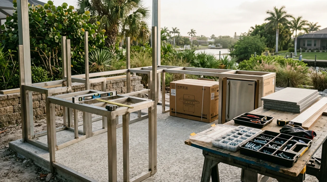 A custom outdoor kitchen built on a Gulf Harbors pool deck, featuring a built-in grill, sealed countertops, and corrosion-resistant framing suited to Florida's coastal humidity. The kitchen sits adjacent to a residential pool with open backyard space behind it.
