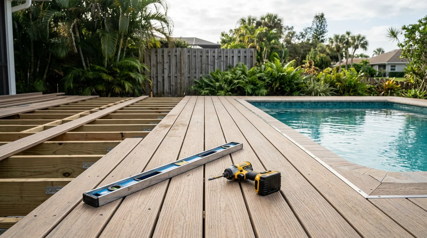 A newly constructed pool deck extension in Gulf Harbors, Florida, showing expanded surface area around an inground pool with clean edges and a coastal residential backyard setting. The finished deck connects to the existing pool surround with consistent surface drainage and open space for outdoor furniture.