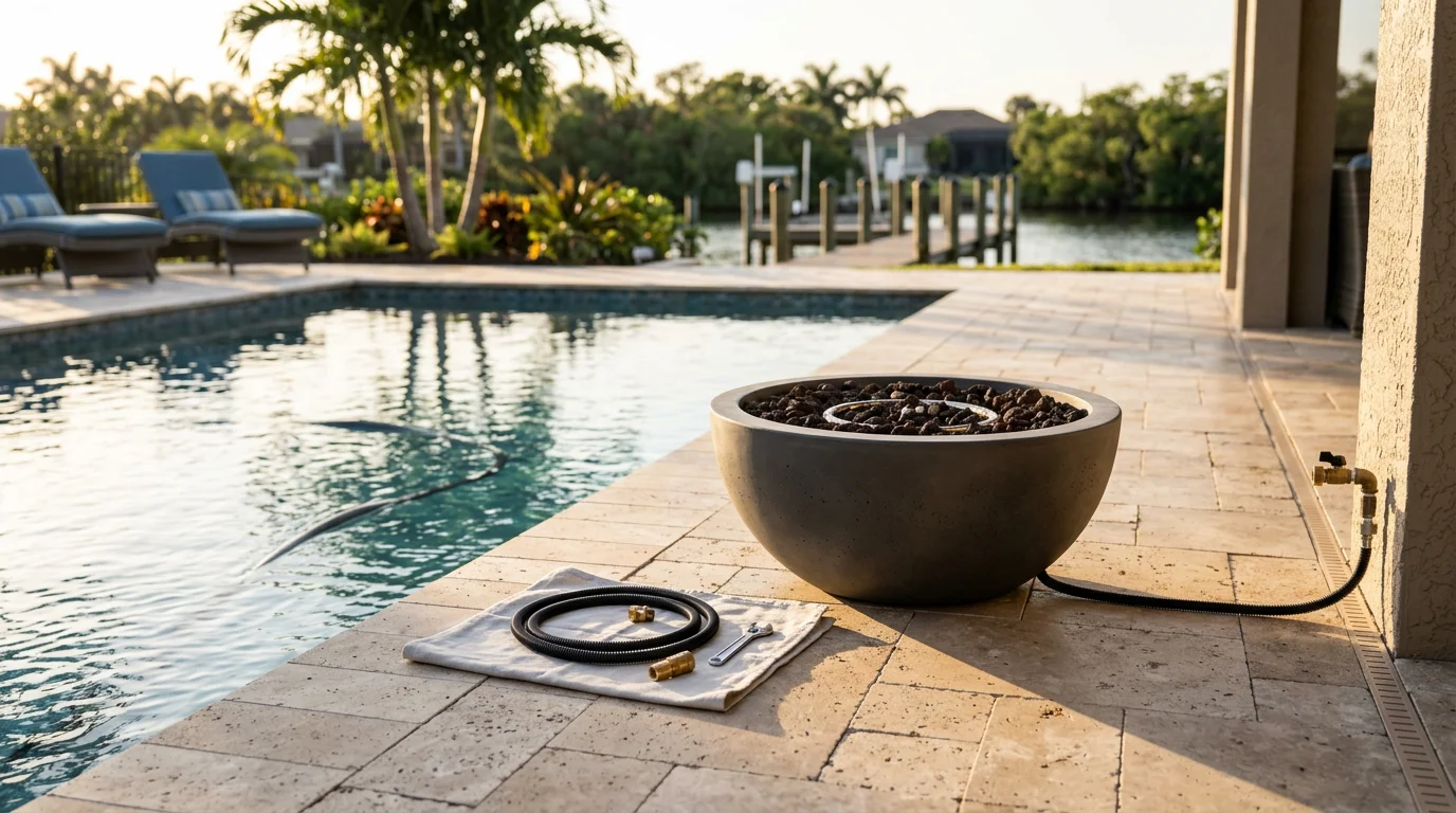 A gas fire bowl mounted on a pool deck coping in Gulf Harbors, Florida, with flames reflected across the pool surface at dusk. The surrounding deck and pool edge are visible, showing the fire bowl as a focal point of the outdoor living area.