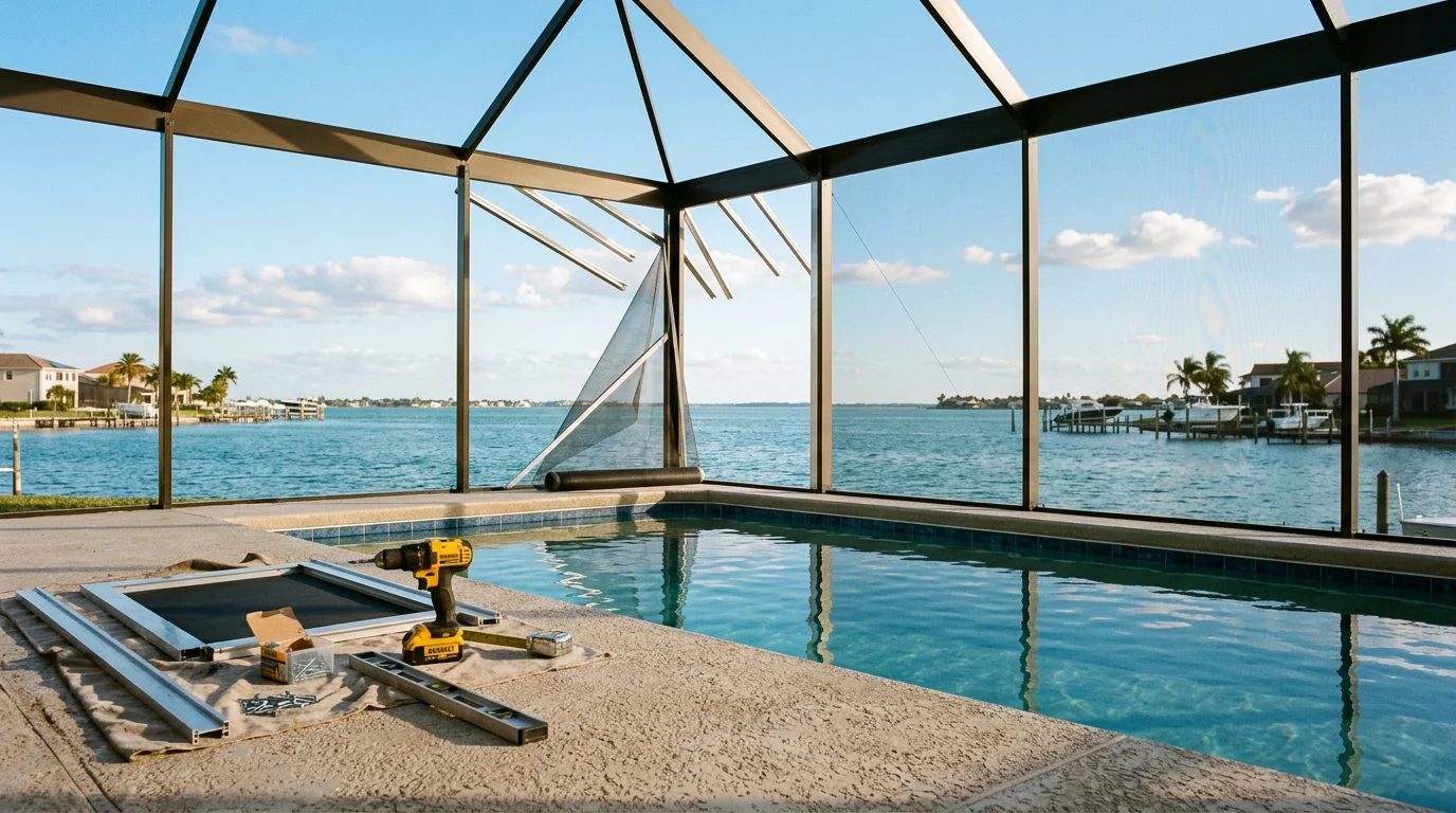 A Gulf Harbors pool deck enclosed with a panoramic screen system showing wide, unobstructed views of the surrounding yard and open sky. The aluminum frame has minimal vertical posts, giving the space a clean, open appearance from the pool to the perimeter.