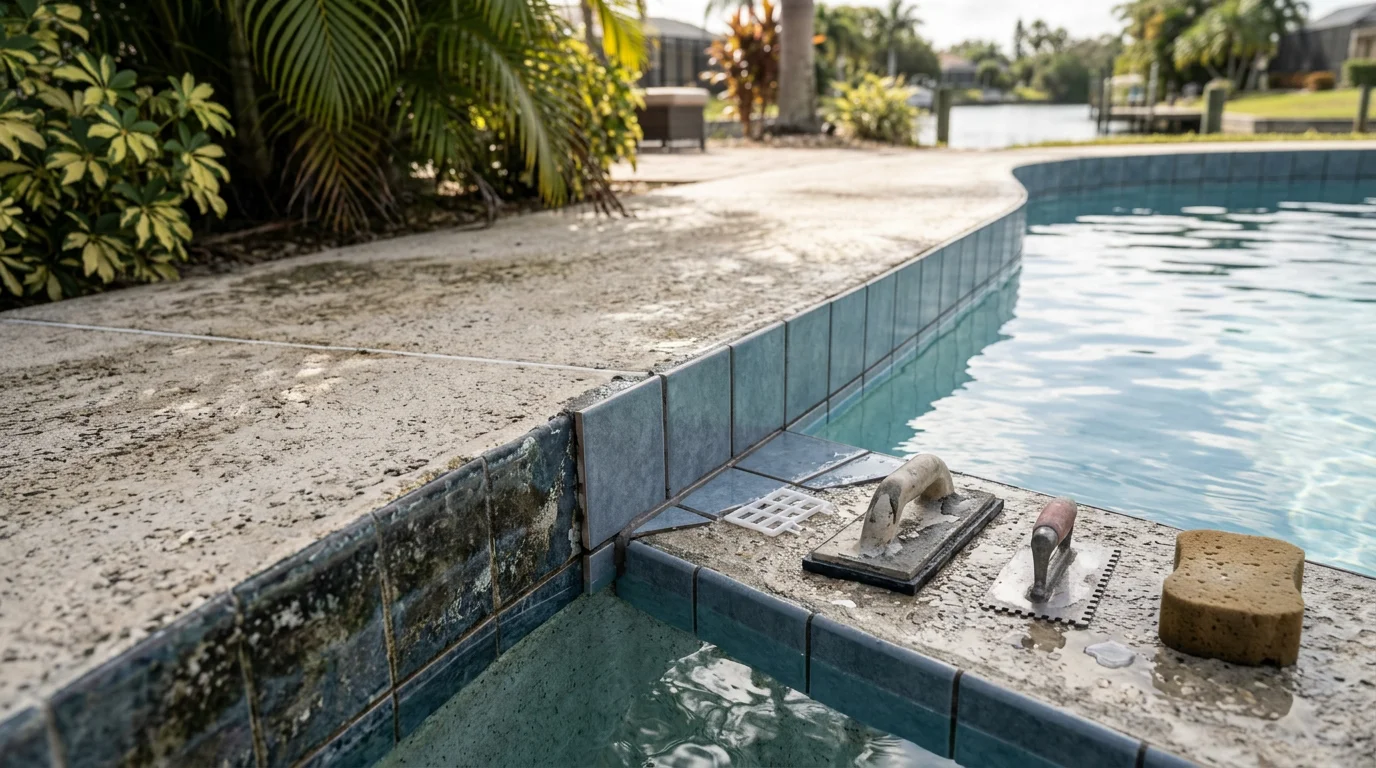 Freshly replaced pool waterline tile along the perimeter of a residential pool in Gulf Harbors, Florida, showing clean grout lines and a smooth transition between the water surface and the pool coping.