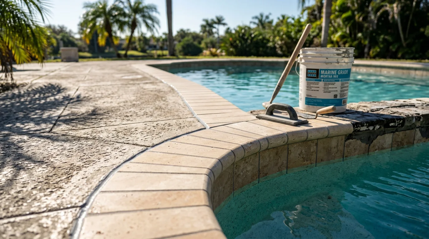 Freshly replaced pool coping along the edge of a residential in-ground pool in Gulf Harbors, Florida, showing clean mortar joints and a smooth transition between the pool shell and surrounding deck. The new coping edge runs the full perimeter of the pool against a bright Florida sky.