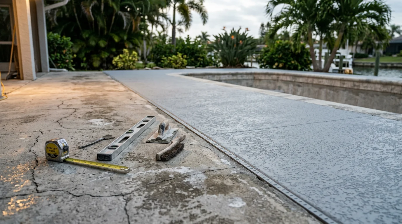 A renovated pool deck surrounding an in-ground pool at a Gulf Harbors residential property, showing a clean, even surface with a clear pool edge and backyard landscaping visible in the background. Pool Pros of Pasco completed the deck renovation to address cracking and drainage issues common in coastal Pasco County homes.
