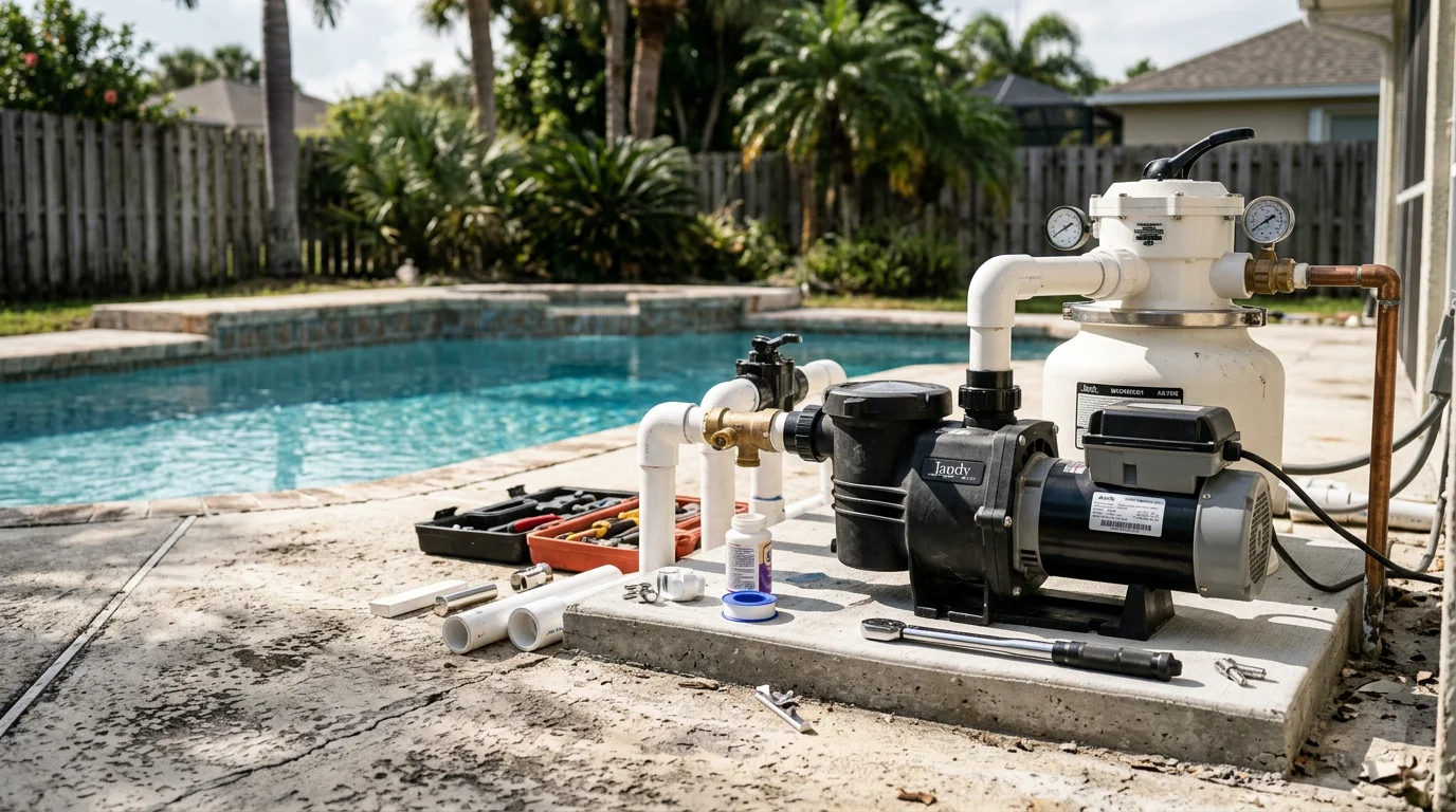 A newly installed pool equipment pad in Gulf Harbors, Florida, showing a pump, filter, and automation controls mounted on a concrete slab beside a residential pool. The setup reflects a coastal Florida backyard with a screened enclosure visible in the background.
