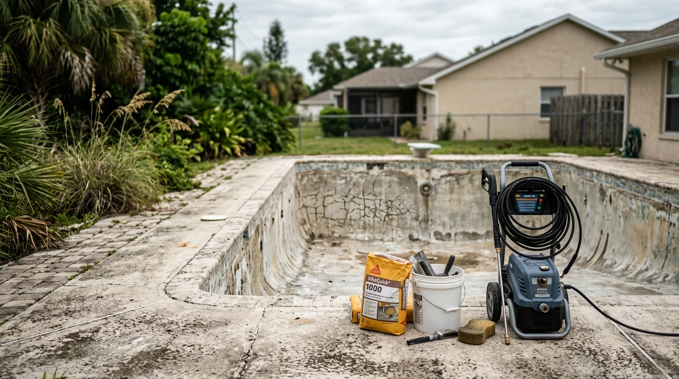 A freshly resurfaced residential pool in Gulf Harbors, Florida, showing a smooth, evenly finished interior with clear water reflecting the surrounding palm trees. The pool surface is free of staining, rough patches, and visible cracks following professional resurfacing work.