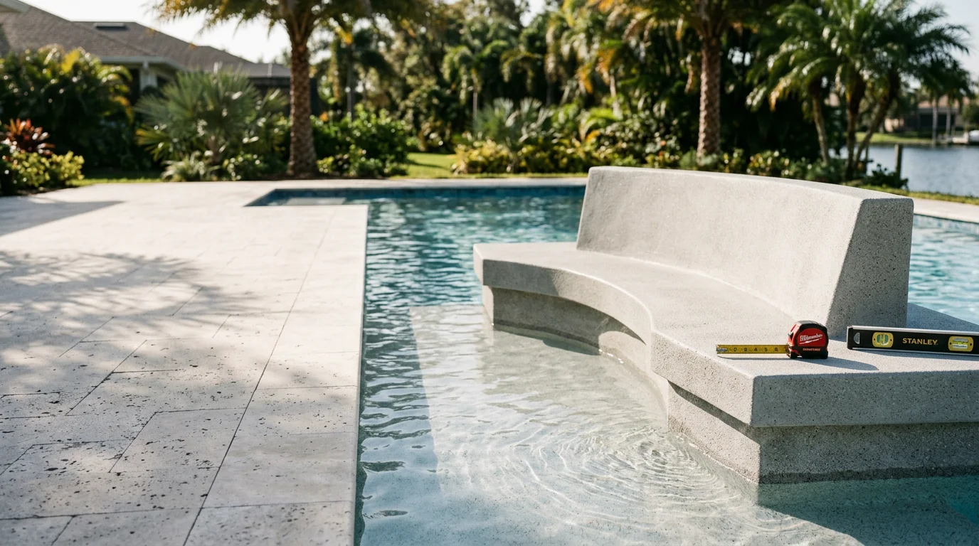 A newly installed concrete pool sunshelf with shallow water and an adjacent in-water bench in a Gulf Harbors backyard. The wide, flat ledge sits at the pool entry with a lounge chair positioned in a few inches of water under a clear Florida sky.
