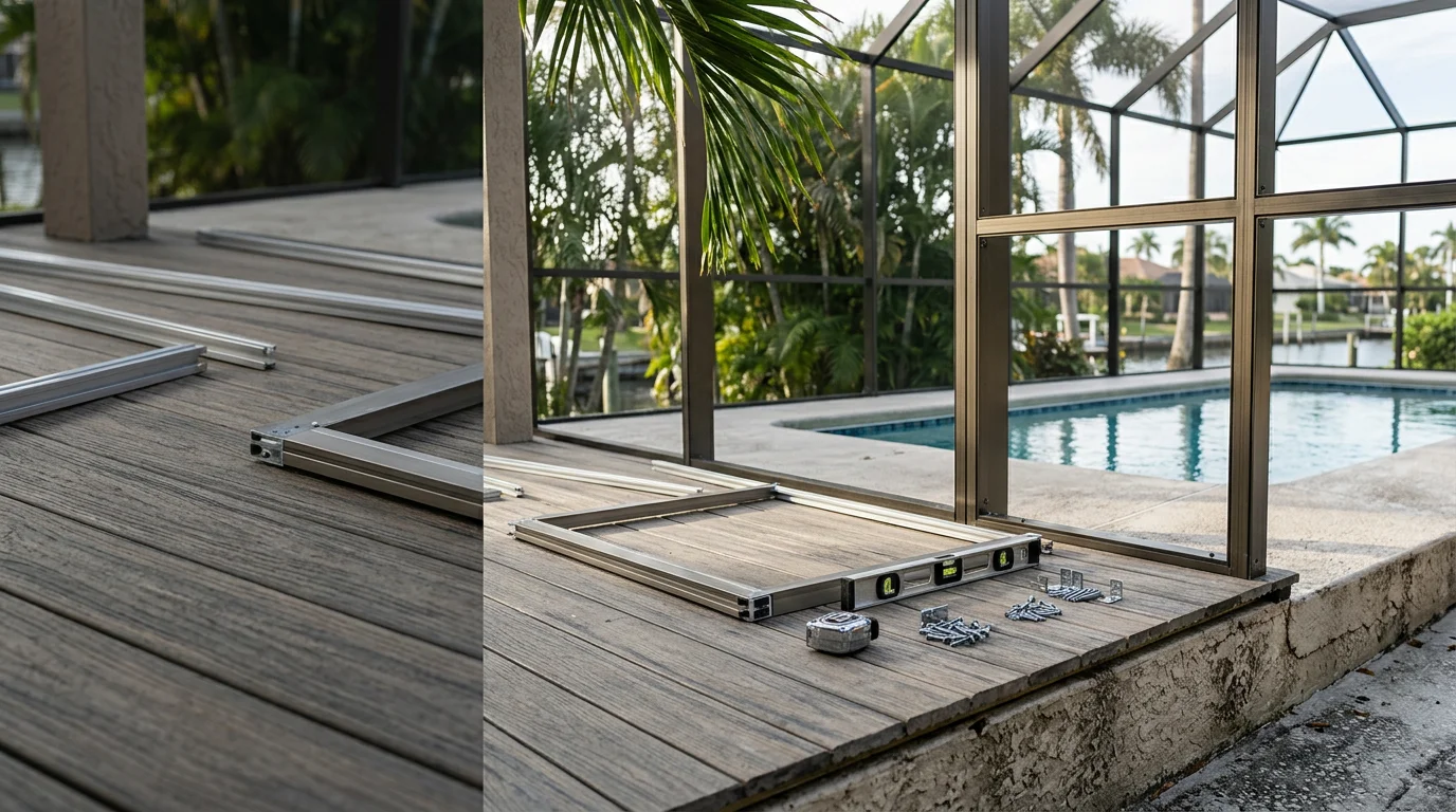 A newly installed aluminum-framed screen enclosure surrounding a residential pool in Gulf Harbors, Florida, with mesh screening visible against a clear blue sky. The enclosed pool deck shows clean pavers and open space for outdoor seating along the Gulf Coast waterfront.