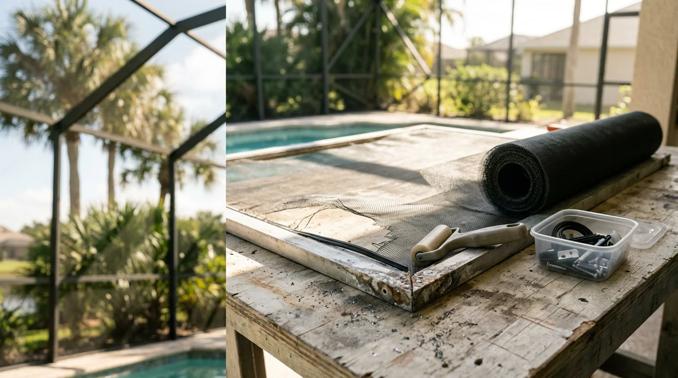 A repaired pool screen enclosure at a Gulf Harbors home, showing taut, undamaged mesh panels and a properly aligned screen door framing a residential pool area. The aluminum frame is free of visible rust or sagging sections against a clear Florida sky.