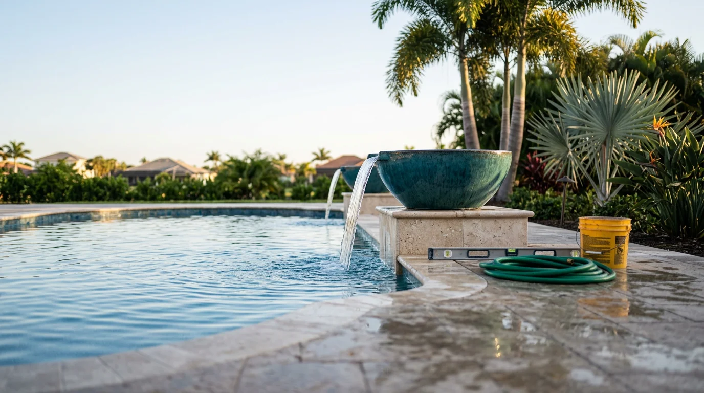 A concrete spill bowl mounted on a raised pool wall in a Gulf Harbors backyard, with a steady stream of water cascading into a blue in-ground swimming pool. The surrounding deck shows a typical Florida outdoor living setup with open sky and lush landscaping.